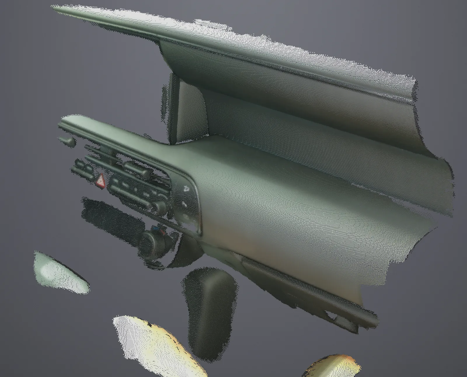 Full-color 3D scan of a vehicle dashboard showing air vents, control stack and trim surfaces