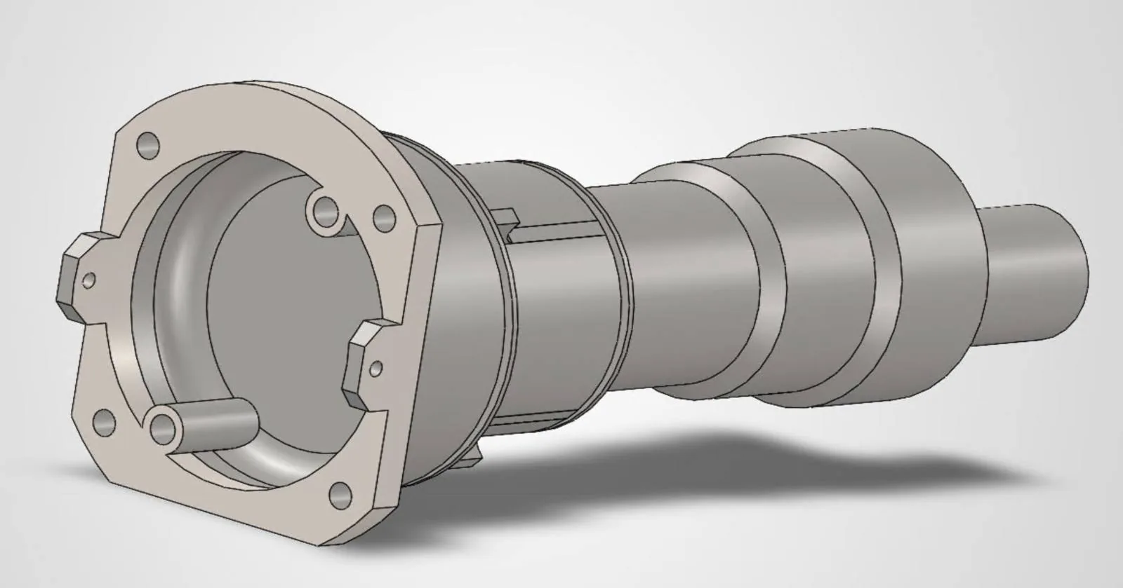 CAD render of a machined housing and stepped shaft assembly with bolt flange