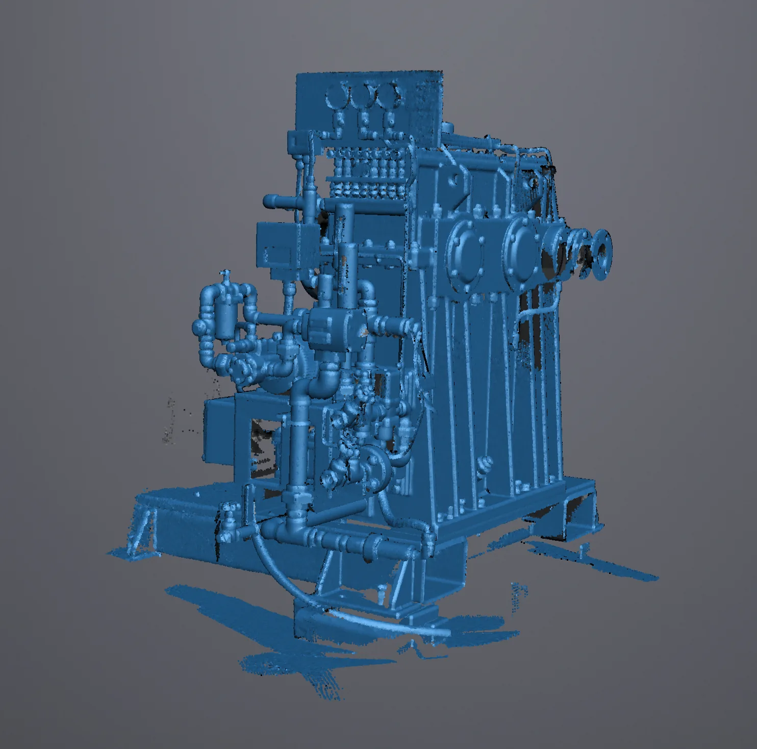 Point-cloud mesh of a complete industrial process skid showing piping, valves, flanges and structural frame
