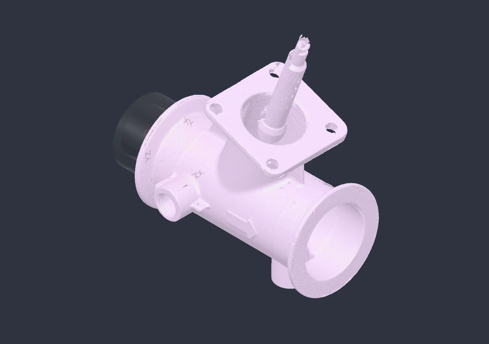 3D scan mesh of the stainless sanitary valve body aligned to XY, YZ and ZX datum planes, ready for reverse engineering into CAD