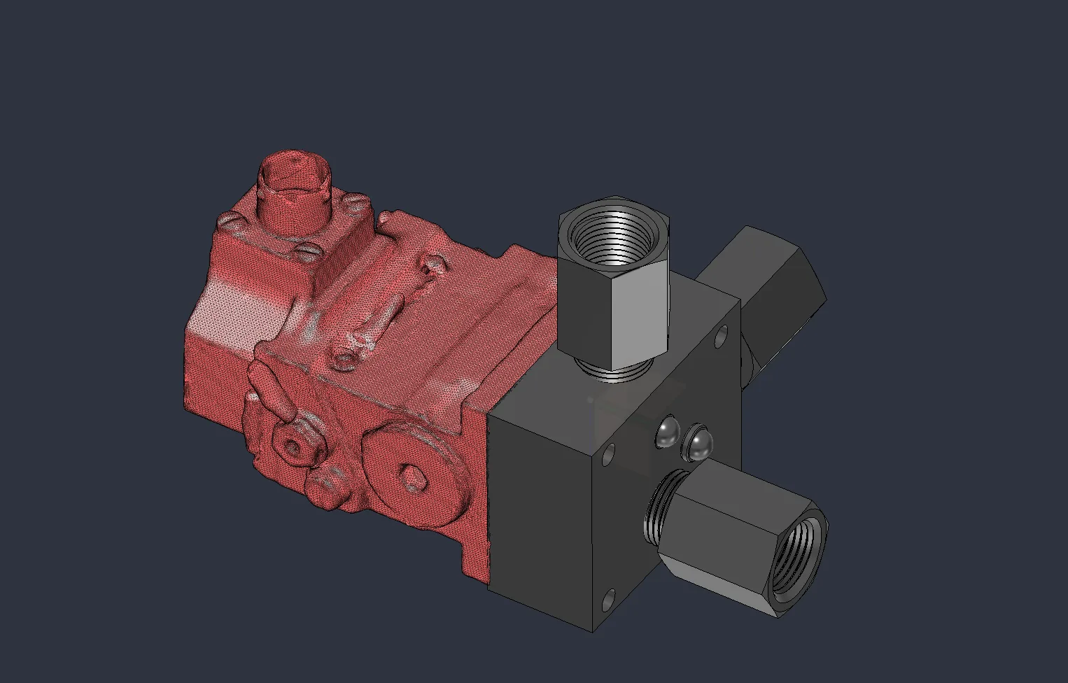 3D scan mesh of a hydraulic valve body shown in red beside the solid CAD manifold and threaded fittings modeled around it