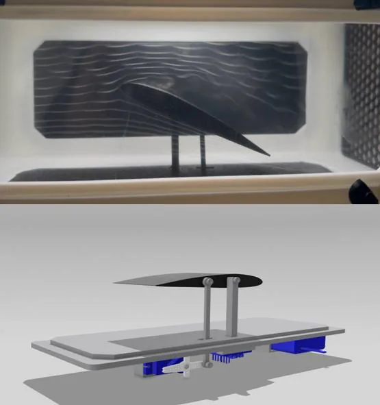 Wind tunnel test article mounted on a sting balance above the CAD model of the same test fixture